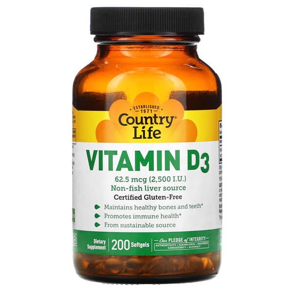 Country Life, Vitamina D3, 62,5 mcg (2500 UI), 200 cápsulas blandas