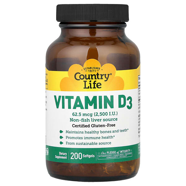 Country Life, Vitamin D3, 62.5 mcg (2,500 IU), 200 Softgels — product photo 1