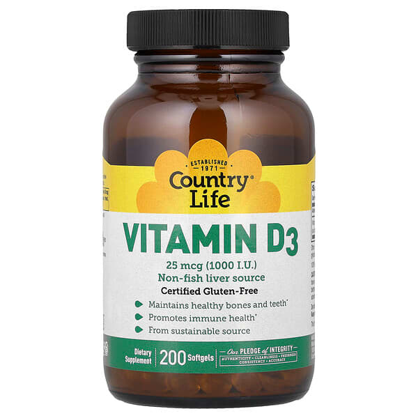 Country Life, Vitamin D3, 25 mcg (1,000 I.U.), 200 Softgels — product photo 1