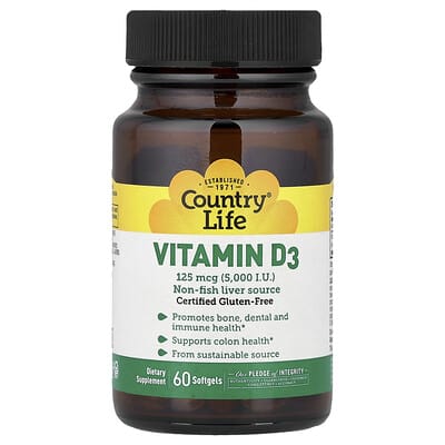 Country Life, Vitamin D3, 125 mcg (5000 IU), 60 Softgels