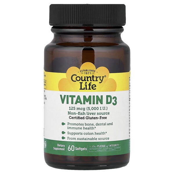 Country Life Vitamin D3, 125 mcg (5000 IU), 60 Softgels