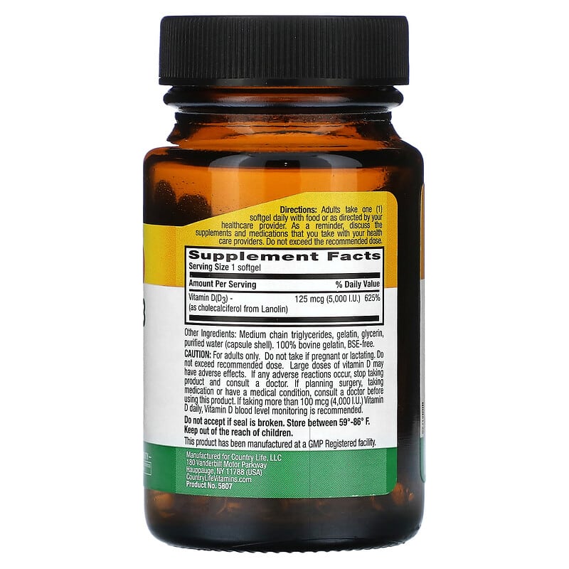 Country Life Vitamin D3 5000 IU - 60 Softgels For Bone & Immune Health