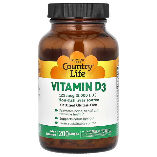 Country Life Vitamin D3, 125 mcg (5000 IU), 200 Softgels