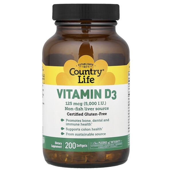 Country Life, Vitamin D3, 125 mcg (5,000 IU), 200 Softgels — product photo 1