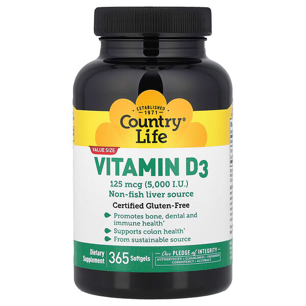 Country Life, Vitamin D3, 125 mcg (5,000 lU), 365 Softgels — product photo 1