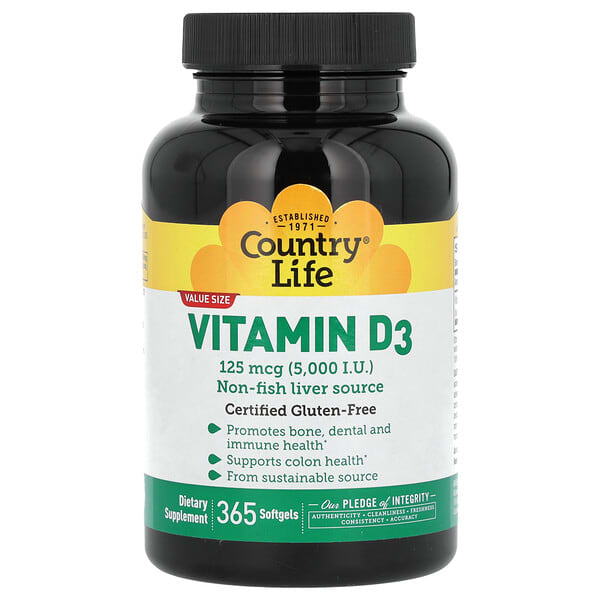 Country Life, Vitamin D3, 125 mcg (5,000 lU), 365 Softgels