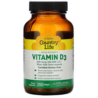 Country Life, Vitamina D3 de Alta Potência, 250 mcg (10.000 UI), 200 Cápsulas Softgel