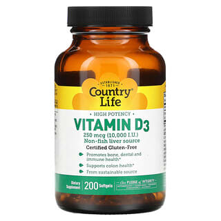 Country Life, High Potency Vitamin D3, 250 mcg (10,000 IU), 200 Softgels