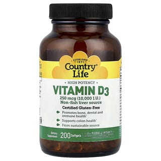 Country Life, Vitamina D3 de alta potencia, 250 mcg (10.000 UI), 200 cápsulas blandas