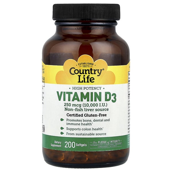 Country Life Vitamin D3, High Potency, 250 mcg (10000 IU), 200 Softgels