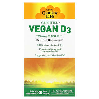 Country Life, D3 vegana certificada, 125 mcg (5000 UI), 30 cápsulas blandas veganas