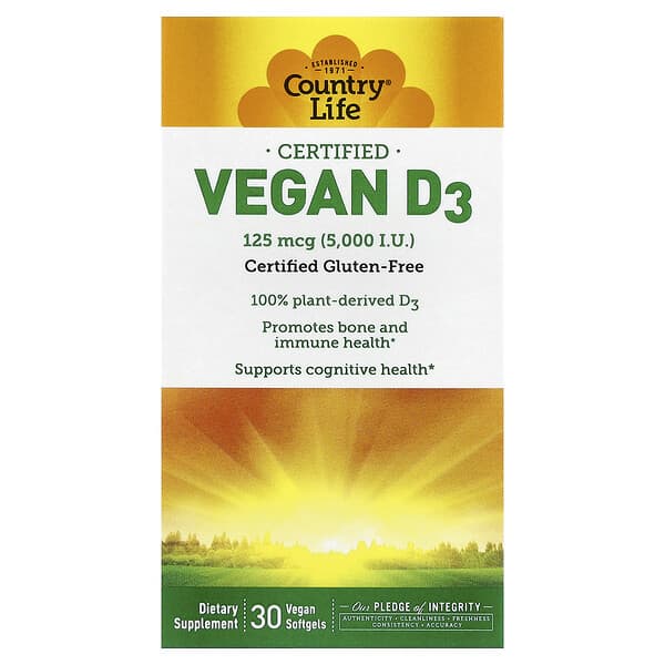 Country Life Certified Vegan D3, 125 mcg (5000 IU), 30 Vegan Softgels