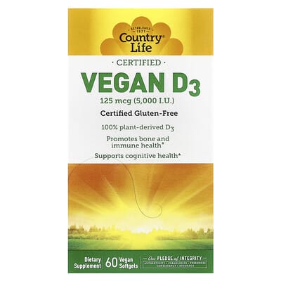 Country Life, Certified Vegan Vitamin D3, 125 mcg (5000 IU), 60 Vegan Softgels