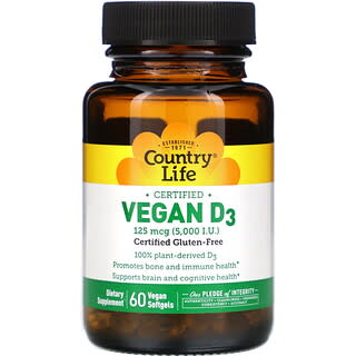 Country Life, Certifié Vegan D3, 125 µg (5000 UI), 60 capsules véganes à enveloppe molle