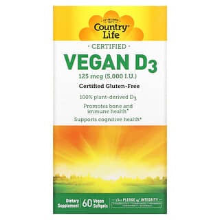 Country Life, D3 vegana certificada, 125 mcg (5000 UI), 60 cápsulas blandas veganas