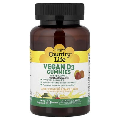 Country Life, Vegan D3 Gummies, Lemon, Strawberry & Orange Flavors, 25 mcg (1,000 IU), 60 Gummies