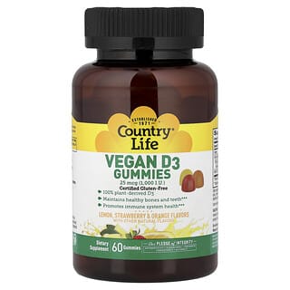 Country Life, Vegan D3 Gummies, Lemon, Strawberry & Orange, 25 mcg (1,000 IU), 60 Gummies