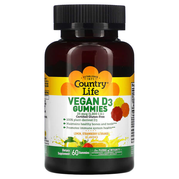 Country Life Vegan D3 Gummies, Lemon, Strawberry & Orange Flavors, 25 mcg (1000 IU), 60 Gummies