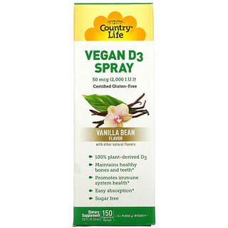 Country Life, Vitamine D3 en spray, Gousse de vanille, 50 µg (2000 UI), 150 pulvérisations à ingérer, 24 ml