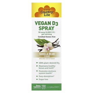 Country Life, Spray de Vitamina D3, Feijão de Baunilha, 50 mcg (2.000 UI), 150 Sprays Ingeríveis, 24 ml (0,81 fl oz)