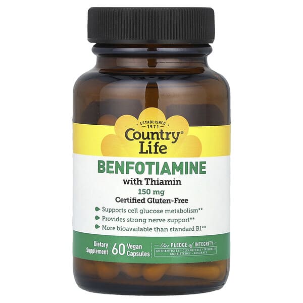 Country Life Benfotiamine with Thiamin, 150 mg, 60 Vegan Capsules