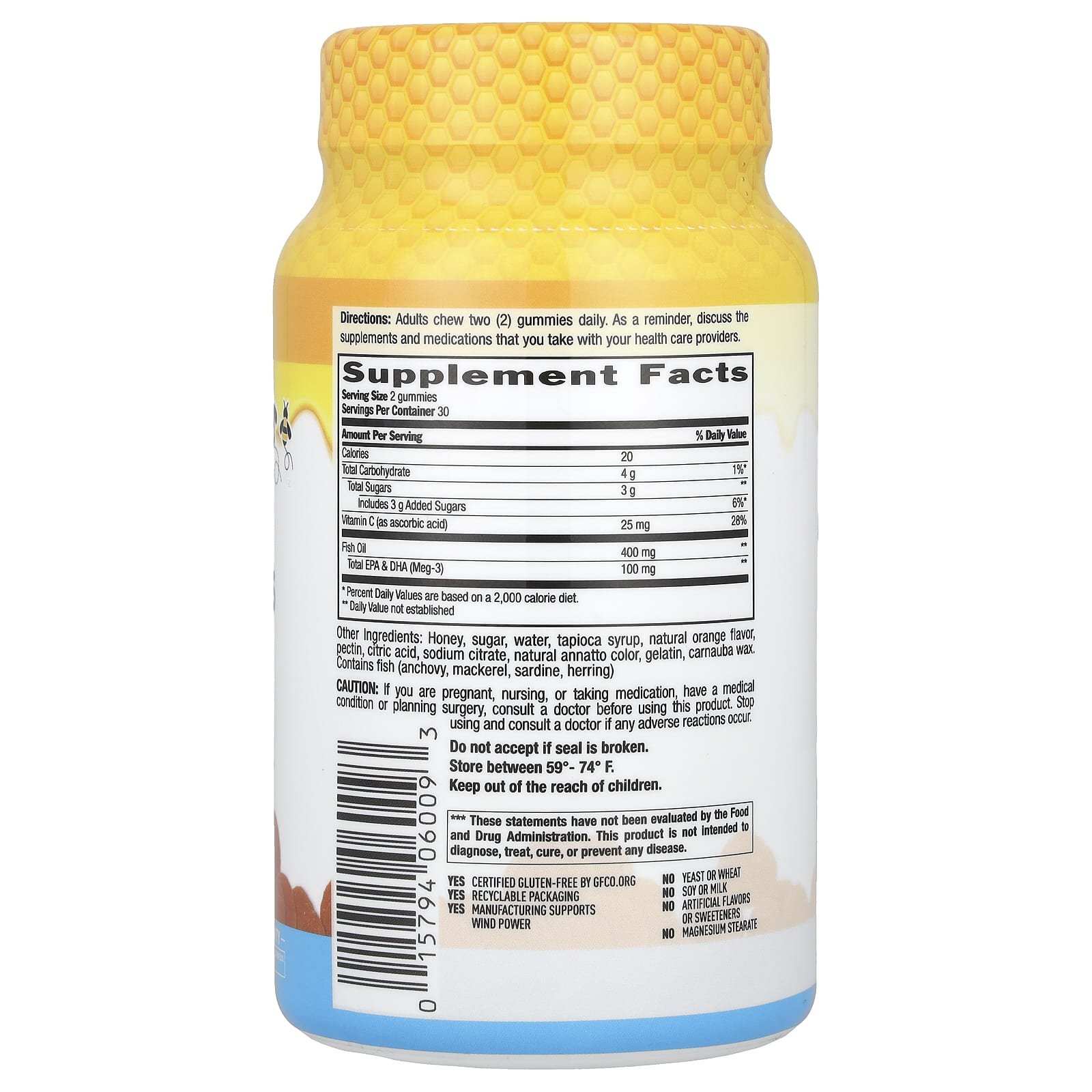 Country Life, Omega3 Honey Gummies, Natural Orange, 60 Gummies