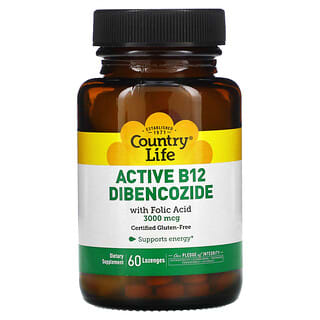 Country Life, Active B12 Dibencozide with Folic Acid, aktives B12-Dibencozid mit Folsäure, 3.000 mcg, 60 Lutschtabletten