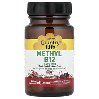 Country Life, Metyl B12, wiśnia, 5000 µg, 60 pastylek do ssania
