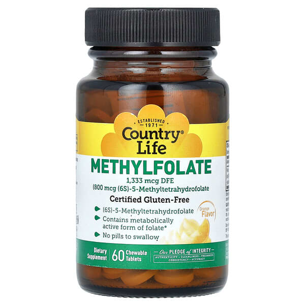 Country Life, 메틸엽산, 오렌지 맛, 1,333mcg DFE, 츄어블 정제 60정