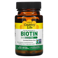 Country Life, 強力ビオチン、5mg、ヴィーガンカプセル60粒