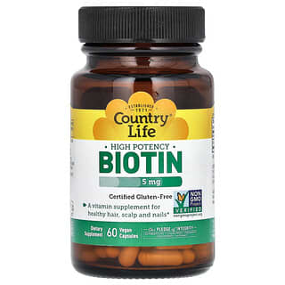 Country Life, High Potency Biotin, Hochwirksames Biotin, 5 mg, 60 vegane Kapseln