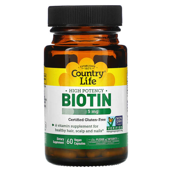 Country Life, High Potency Biotin, Hochwirksames Biotin, 5 mg, 60 vegane Kapseln