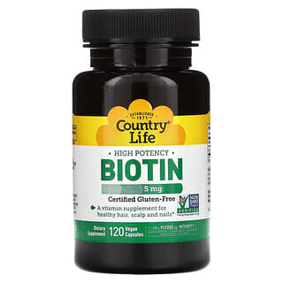 Country Life, Biotina, Alta potencia, 5 mg, 120 cápsulas veganas