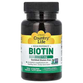 Country Life, Biotin, hochwirksam, 5 mg, 120 veganische Kapseln