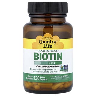 Country Life, Suuritehoinen biotiini, 5 mg, 120 vegaanista kapselia