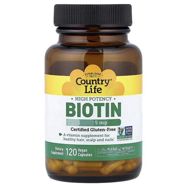 Country Life, Biotin, High Potency , 5 mg, 120 Vegan Capsules — product photo 1