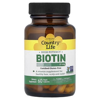 Country Life, Yüksek Etkili Biyotin, 10 mg, 60 Vegan Kapsül