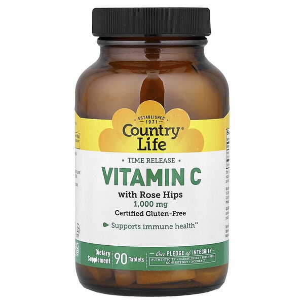 Country Life Time Release Vitamin C with Rose Hips, 1,000 mg, 90 Tablets
