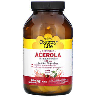 Country Life, Acerola masticable, Complejo de vitamina C, Baya, 500 mg, 90 obleas