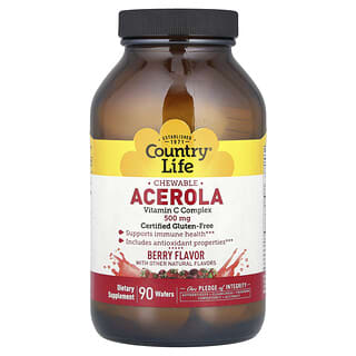 Country Life, Acerola mastigável, Complexo de Vitamina C, Fruto Silvestre, 500 mg, 90 Bolachas