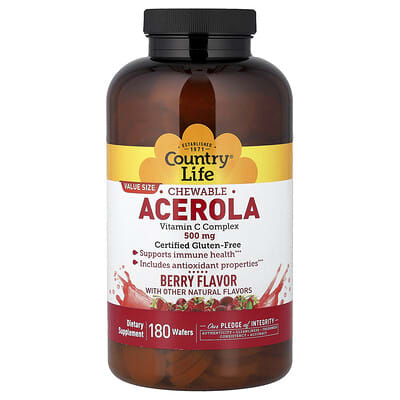 Country Life, Chewable Acerola, Vitamin C Complex, Berry, 180 Wafers