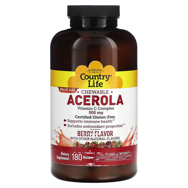 Country Life Chewable Acerola, Vitamin C Complex, Berry, 500 mg, 180 Wafers