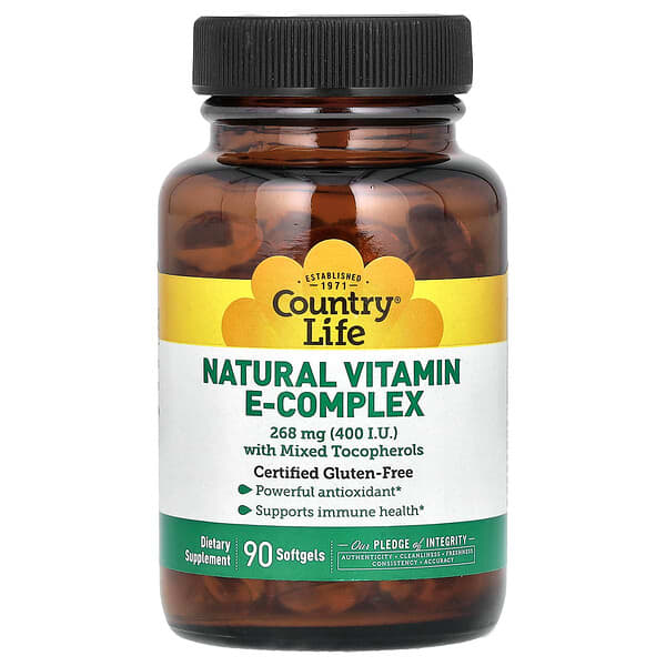 Country Life Natural Vitamin E-Complex with Mixed Tocopherols, 268 mg (400 IU), 90 Softgels