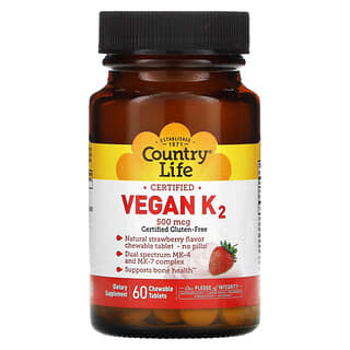 Country Life, Vitamina K2 vegana certificada, Fresa, 500 mcg, 60 comprimidos masticables