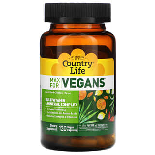 Country Life, Max for Vegans, multivitaminas y complejo Mineral, 120 Cápsulas Veganas