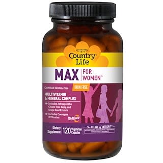 Country Life, Max for Women, Complexe de multivitamines et de minéraux, Sans fer, 120 capsules végétariennes