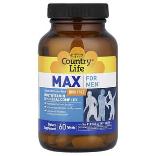 Country Life, Max férfiaknak, Multivitamin- és ásványianyag-komplex, vasmentes, 60 tabletta