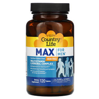 Country Life, Max for Men、マルチビタミン & ミネラルコンプレックス、鉄分フリー、120粒