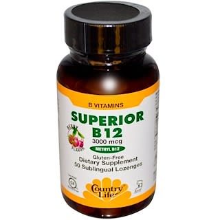 Country Life, Superior B12, Berry Flavor, 3000 mcg, 50 Sublingual Lozenges