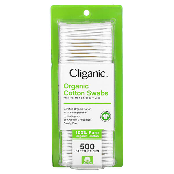 Cliganic, オーガニックコットン綿棒、紙棒500本